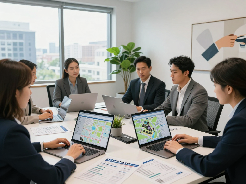 Real estate agents discussing IDXSTAR property listings in a modern office setting, showcasing collaboration.