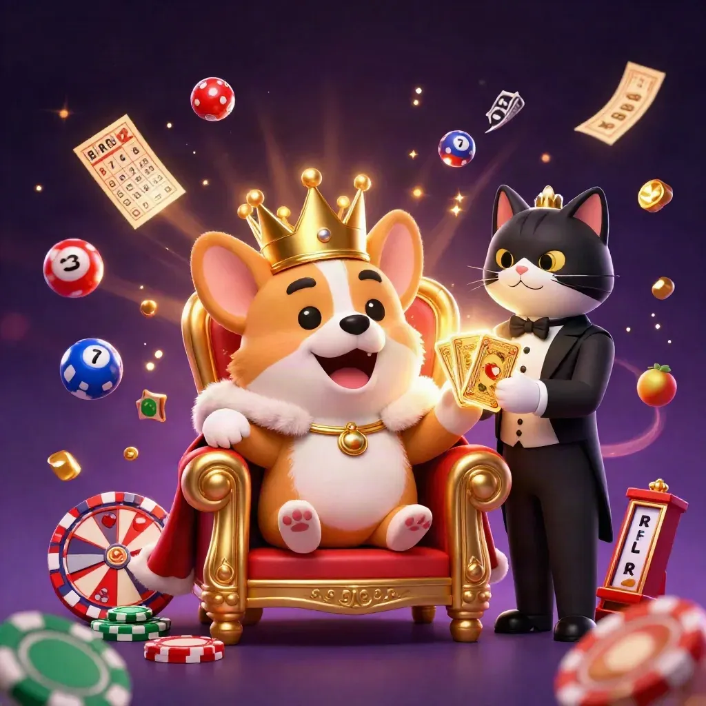 Royal corgi and cat butler amid casino loot, lottery balls, prize wheel and glowing gold effects.