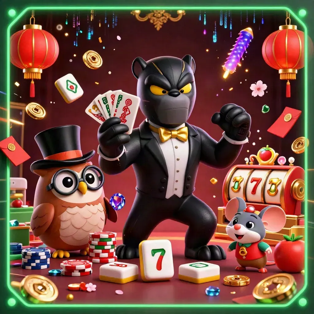 Panther, owl, and mouse casino heroes amid gems, lanterns, coins, and neon energy.