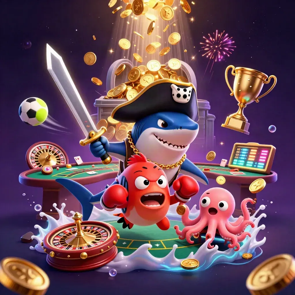 Shark pirate, pufferfish boxer, and octopus juggling coins amid casino fireworks and sports balls