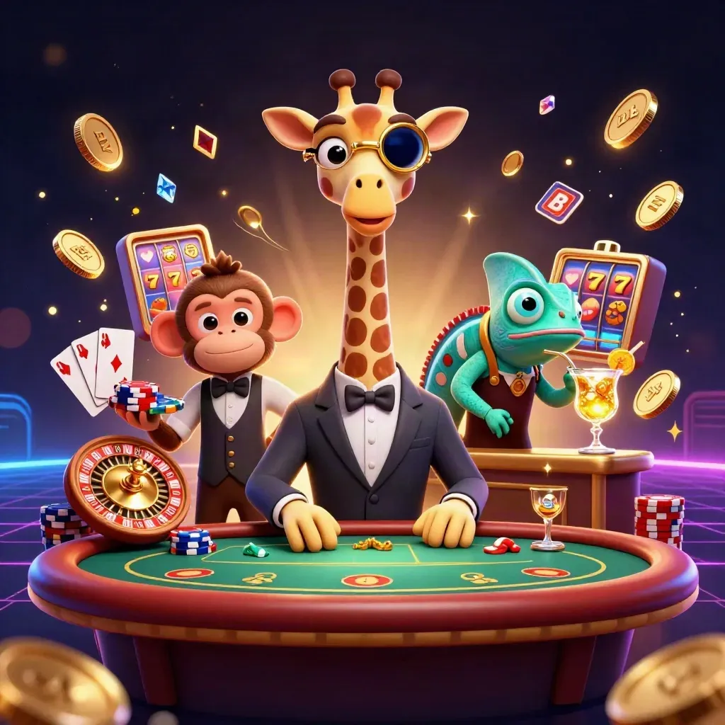 Giraffe high roller, monkey valet and chameleon bartender amid casino chips, coins and neon glow.