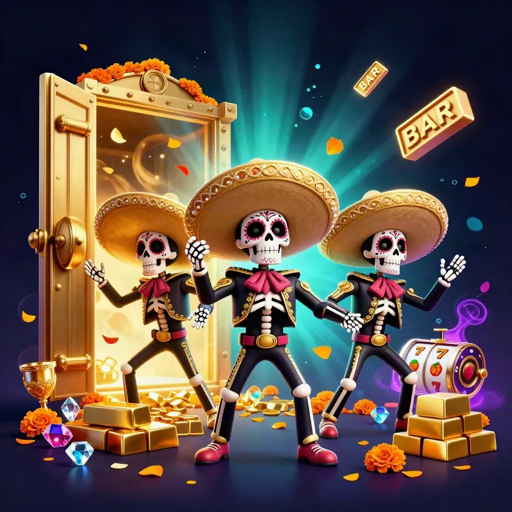Three sugar-skull mariachi skeletons before an open gold vault, gold and emerald casino glow.